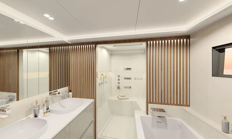 Slide: The Image of Owner's cabin in 2026 Fountaine Pajot Thira 80, featuring modern design and luxurious amenities. - 12
