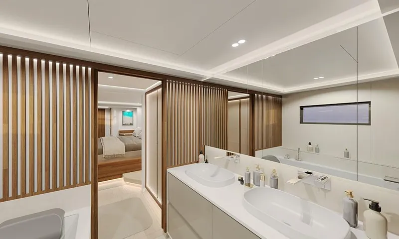 Slide: The Image of Luxurious bathroom interior of 2026 Fountaine Pajot Thira 80 yacht, featuring modern design elements. - 13