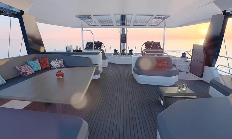 Slide: The Image of Luxury Fountaine Pajot Thira 80 yacht on serene ocean at sunset, 2026 model. - 2