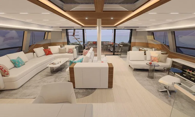 Slide: The Image of Luxurious 2026 Fountaine Pajot Thira 80 yacht deck with elegant seating and ocean view. - 9