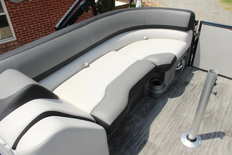 Slide: The Image of 2023 Tahoe Pontoon Cascade Platinum Versatile Rear Bench, luxurious seating detail. - 15