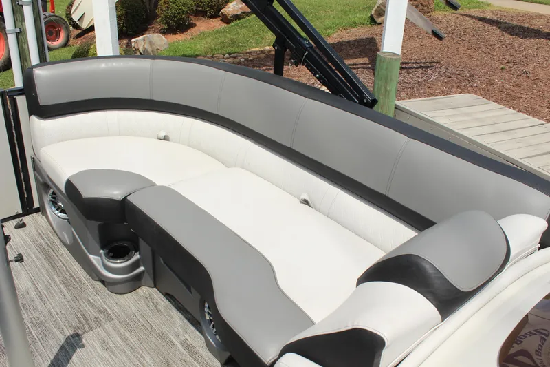 Slide: The Image of 2023 Tahoe Pontoon Cascade Platinum Versatile Rear Bench, luxurious seating detail. - 16
