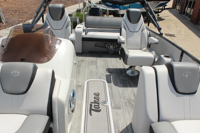 Slide: The Image of 2023 Tahoe Pontoon Cascade Platinum Versatile Rear Bench 23' interior with luxurious seating. - 17