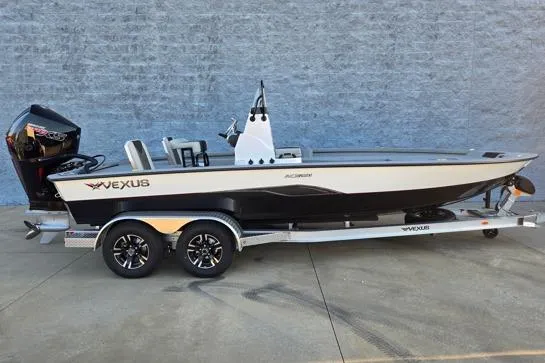 The Image of 2026 Vexus ACX2150 boat on trailer, sleek design, dual-axle, outdoor display. - 1
