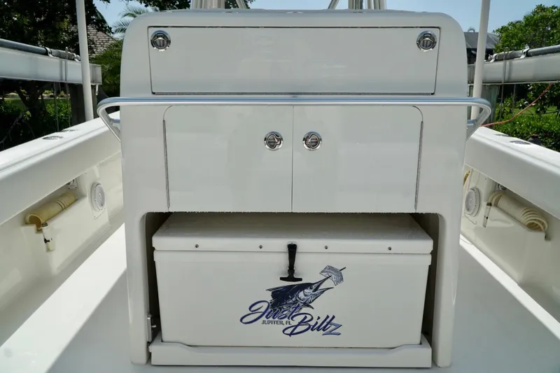 Slide: The Image of 2017 SeaVee 34Z boat interior with storage compartment and cooler. - 22