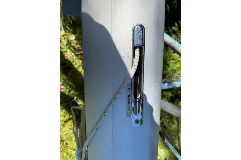 Slide: The Image of Close-up of a 2007 Hallett 33 sailboat mast with spinnaker rigging. - 21