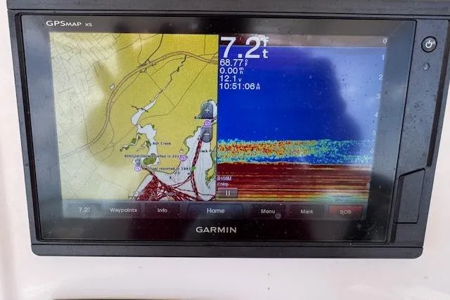 Slide: The Image of Garmin GPS display on 2018 Robalo R222 Explorer showing navigation and sonar data. - 11
