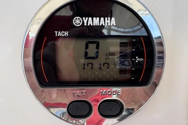 Slide: The Image of Yamaha tachometer display on 2018 Robalo R222 Explorer boat, showing 1717 RPM. - 12