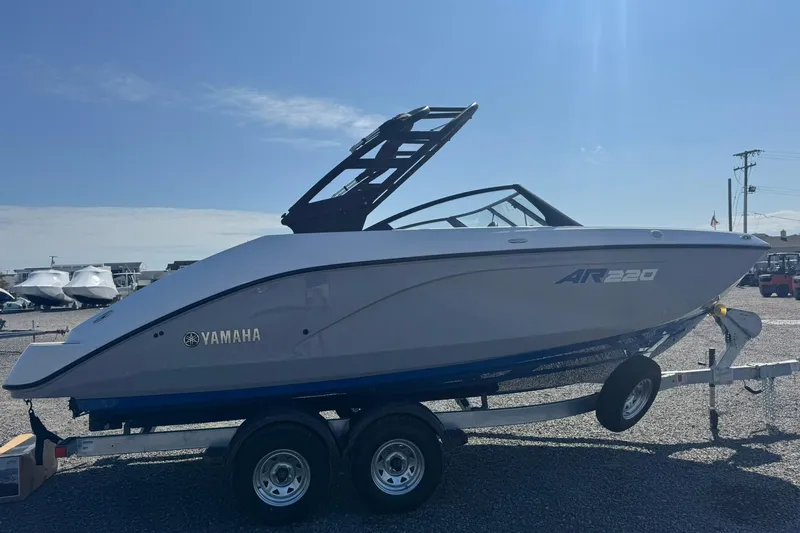 Slide: The Image of 2026 Yamaha AR220 boat on trailer, sleek design, outdoor display. - 4