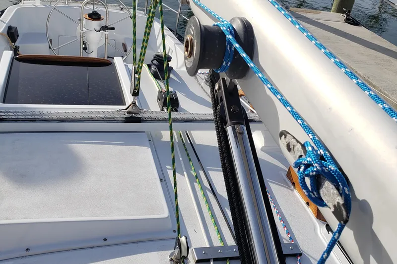Slide: The Image of 1980 C&C Landfall 38 sailboat deck with rigging and winch details. - 3