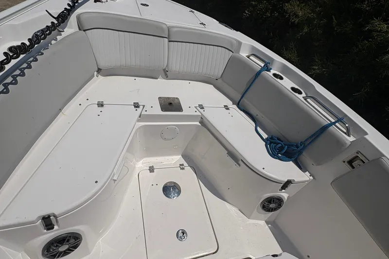 Slide: The Image of 2021 Sea Fox 268 Commander boat interior with seating and storage compartments. - 3