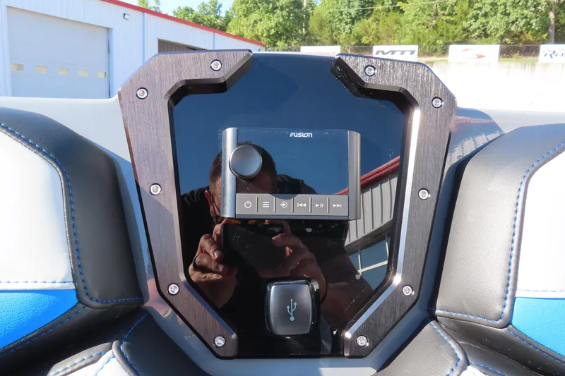 Slide: The Image of Control panel of 2026 Sunsation 32 CCX boat with Fusion audio system. - 10