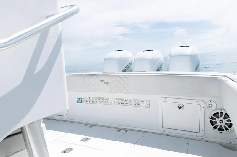 Slide: The Image of 2006 SeaVee 340B boat deck with Mercury engines, ocean view. - 30