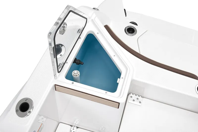 Slide: The Image of 2026 Yamaha Boats 222 FSH Sport E interior with cushioned seating and storage compartments. - 9