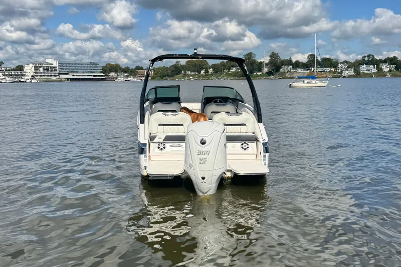 Slide: The Image of 2024 Regal LX6 boat on calm water, scenic background with clouds and shoreline. - 3