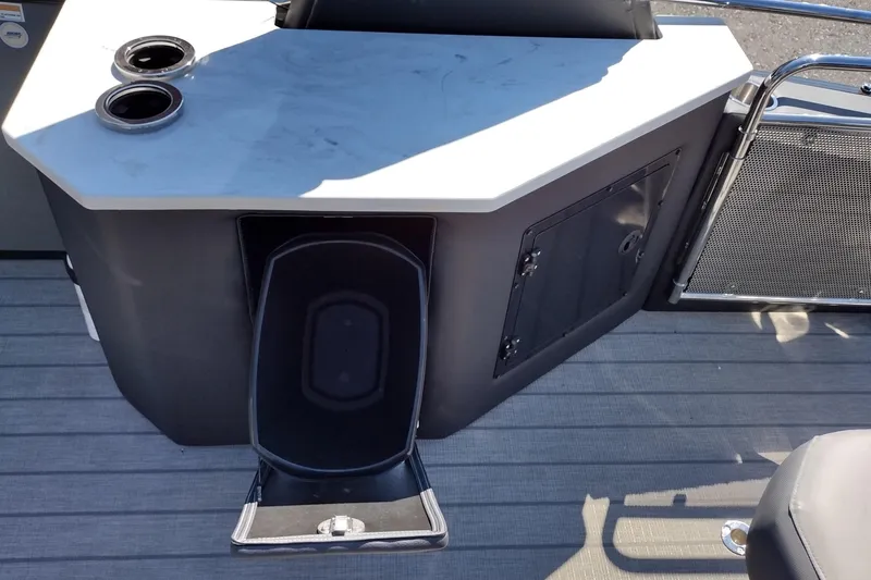 Slide: The Image of 2026 Tahoe Pontoon Grand Tahoe LTD Cruise Rear Bench with storage and cup holders. - 21