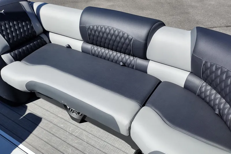 Slide: The Image of 2026 Tahoe Pontoon Grand Tahoe LTD Cruise Rear Bench, luxurious seating with quilted design. - 23
