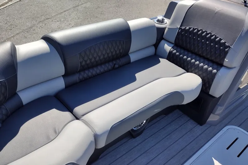 Slide: The Image of 2026 Tahoe Pontoon Grand Tahoe LTD Cruise Rear Bench, luxurious seating detail. - 24