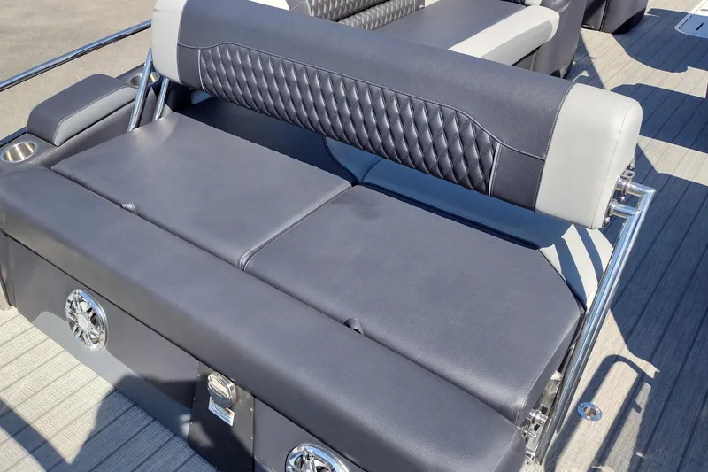 Slide: The Image of 2026 Tahoe Pontoon Grand Tahoe LTD Cruise Rear Bench with luxurious seating and sleek design. - 32