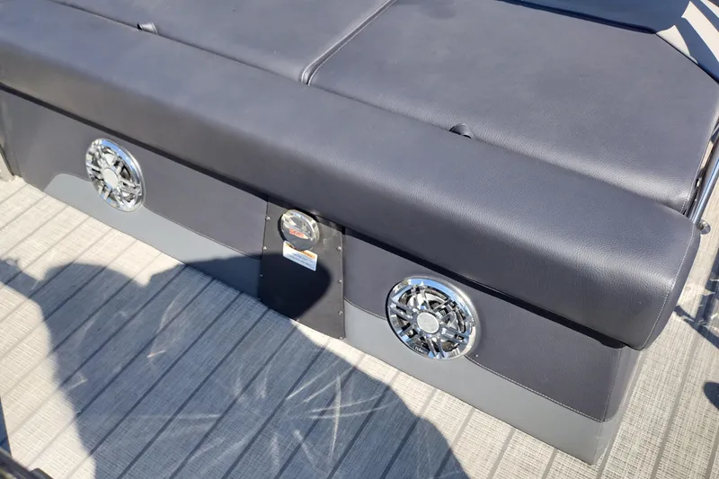 Slide: The Image of 2026 Tahoe Pontoon Grand Tahoe LTD Cruise Rear Bench with built-in speakers. - 33