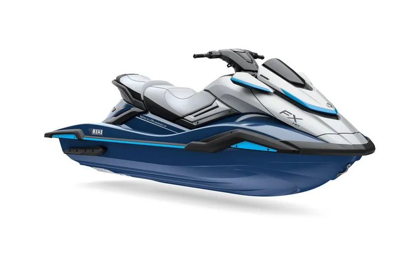 Slide: The Image of 2026 Yamaha WaveRunner FX HO, sleek blue and white design, side view. - 8