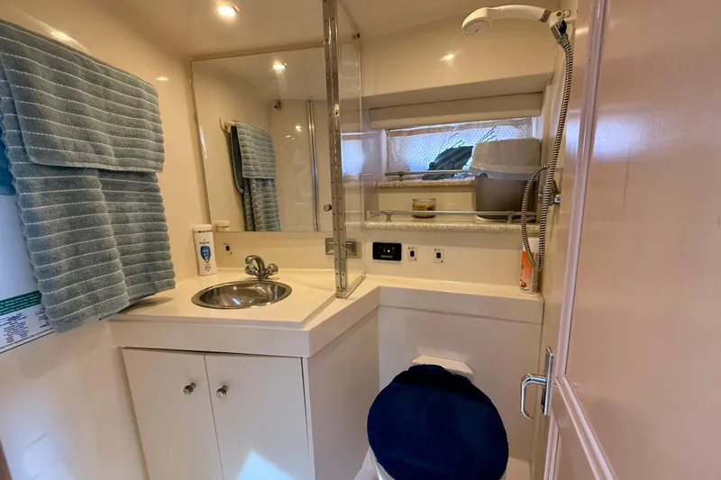 Slide: The Image of Bathroom interior of 2000 Carver 356 Aft Cabin Motor Yacht, featuring sink and shower. - 24