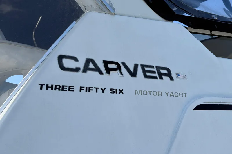Slide: The Image of Carver 356 Aft Cabin Motor Yacht, 2000 model, exterior branding detail. - 7