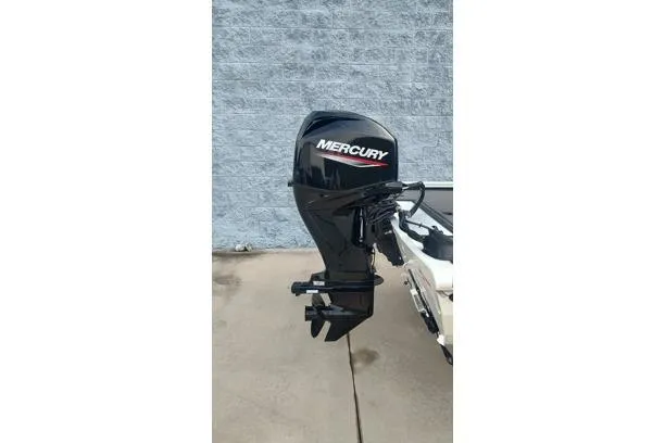 Slide: The Image of 2026 Lowe Stinger 175C boat with Mercury outboard motor, parked on concrete. - 12