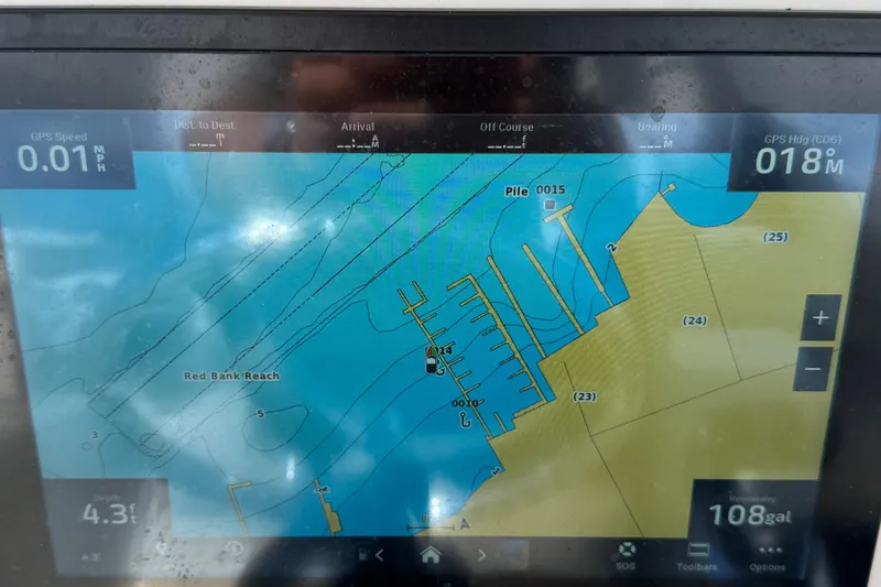 Slide: The Image of GPS navigation screen on a 2024 Sailfish 241 CC boat, displaying Red Bank Reach map. - 19