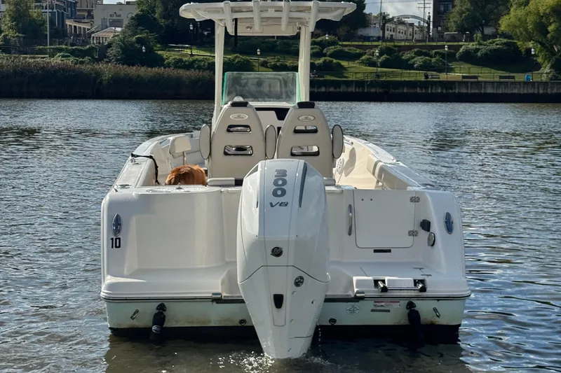 Slide: The Image of 2024 Sailfish 241 CC boat with powerful V8 engine on calm water. - 9