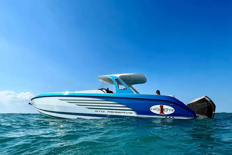 The Image of 2018 Cigarette GTO boat on open water under clear blue sky. - 0
