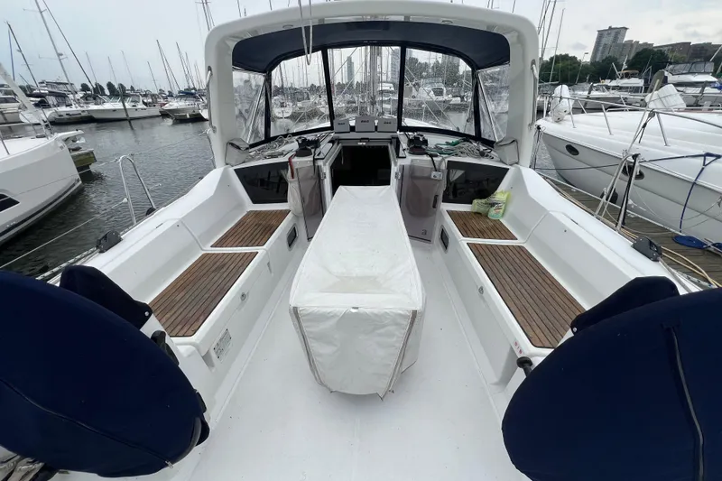 Slide: The Image of 2020 Beneteau Oceanis 41.1 yacht cockpit with seating, docked at marina. - 6