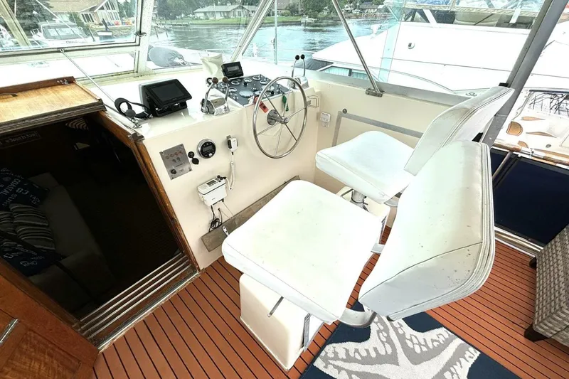 Slide: The Image of 1972 Hatteras 43DC yacht helm with white seats and navigational equipment. - 20