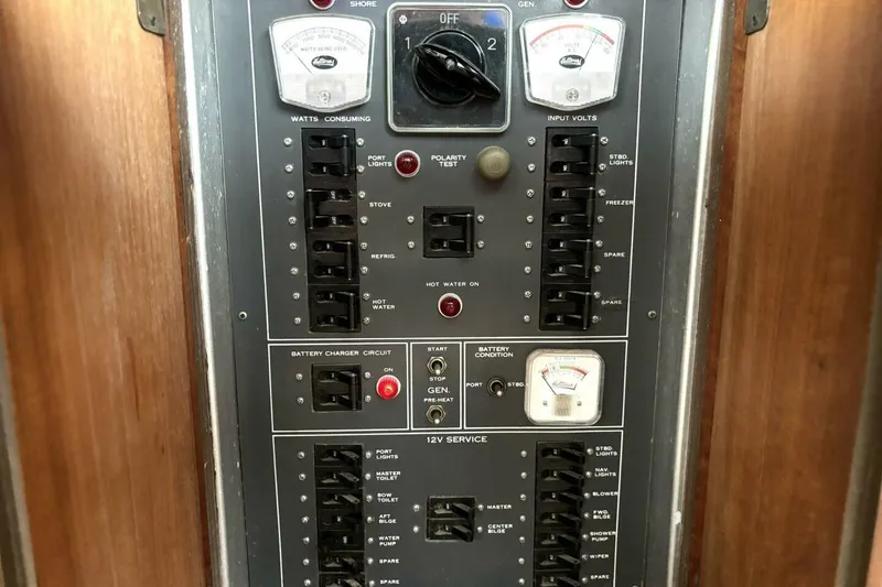 Slide: The Image of Electrical panel of a 1972 Hatteras 43DC boat, featuring switches and meters. - 43