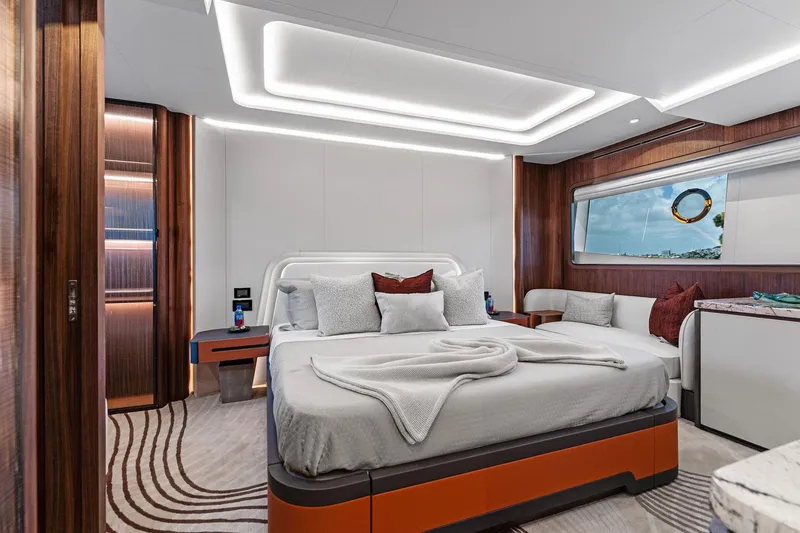 Slide: The Image of Luxurious bedroom interior of 2025 Aquitalia 78 Fly yacht with modern design and elegant furnishings. - 23