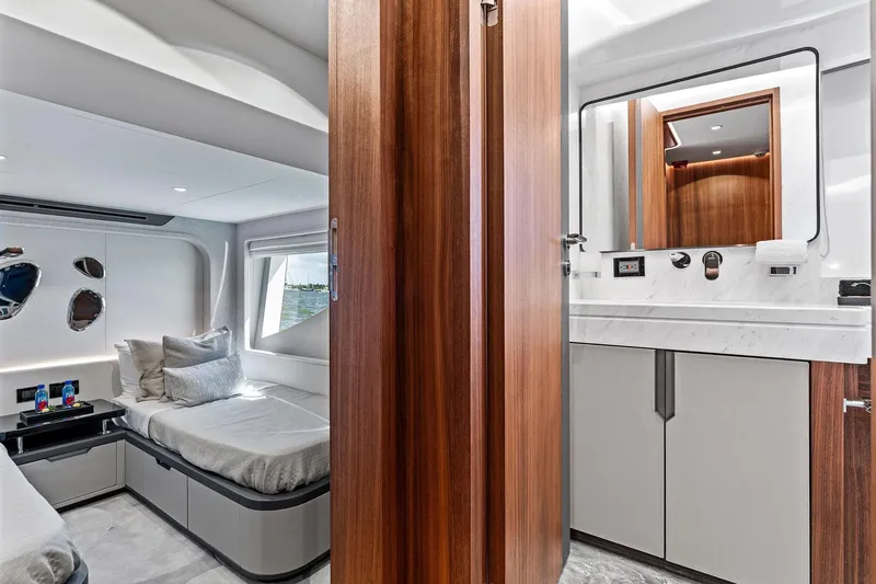 Slide: The Image of Luxurious interior of 2025 Aquitalia 78 Fly yacht featuring bedroom and bathroom. - 43