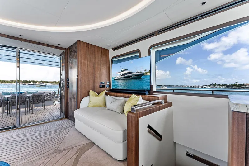 Slide: The Image of Luxurious interior of 2024 Aquitalia 78 Fly yacht with scenic ocean view. - 11