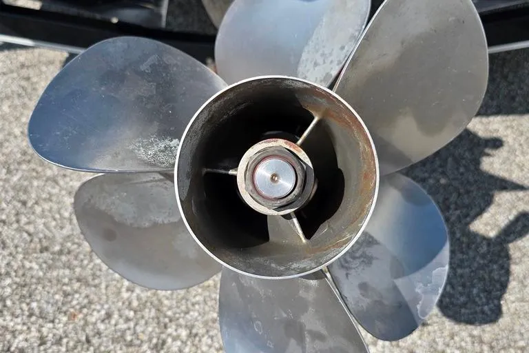 Slide: The Image of Close-up of a 1999 Mariah Shabah Z250 Cuddy Cabin boat propeller. - 13