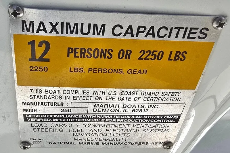 Slide: The Image of 1999 Mariah Shabah Z250 Cuddy Cabin capacity plate, 12 persons or 2250 lbs limit. - 21