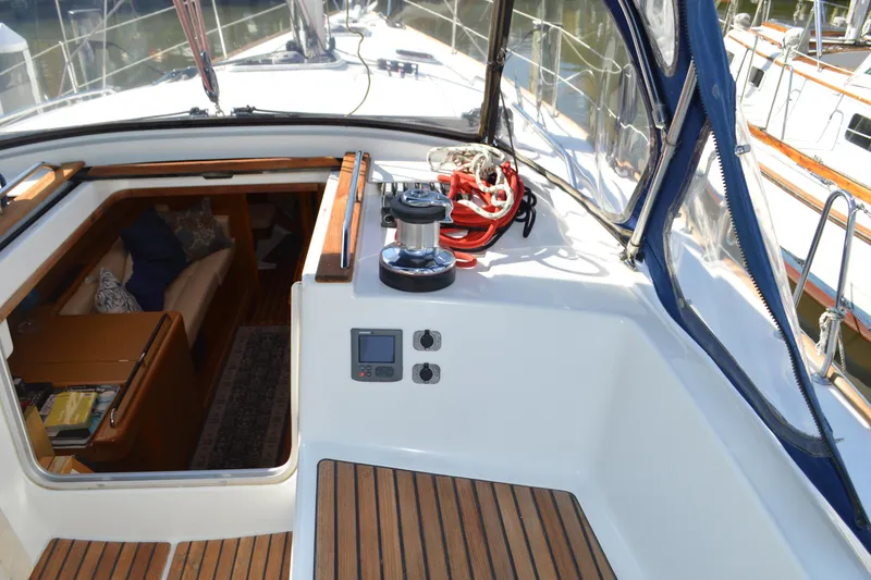 Slide: The Image of 2008 Jeanneau Sun Odyssey 45 DS yacht cockpit with winch and cabin entrance. - 16