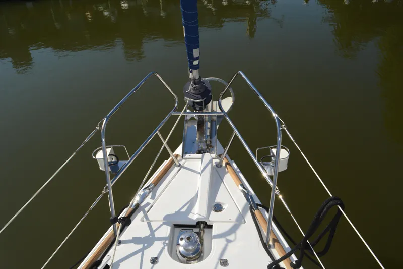 Slide: The Image of Bow view of 2008 Jeanneau Sun Odyssey 45 DS sailboat, featuring stainless steel railings. - 23