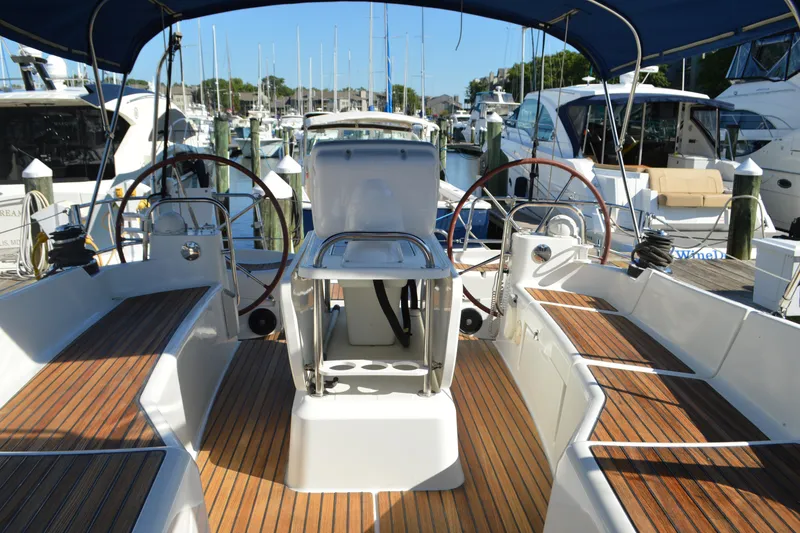 Slide: The Image of Cockpit of 2008 Jeanneau Sun Odyssey 45 DS sailboat with dual steering wheels. - 33