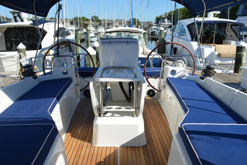 Slide: The Image of Cockpit view of 2008 Jeanneau Sun Odyssey 45 DS sailboat in marina. - 34