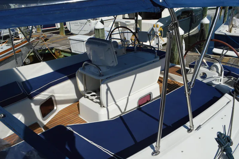 Slide: The Image of 2008 Jeanneau Sun Odyssey 45 DS sailboat cockpit with blue seating and helm station. - 38