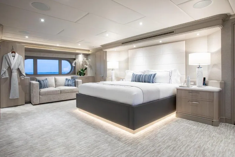 Slide: The Image of Luxurious bedroom interior on Trinity Yachts Trinity 160, featuring elegant decor and ambient lighting. - 20
