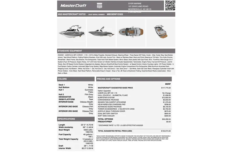 Slide: The Image of 2023 MasterCraft NXT22 boat specifications and pricing details sheet. - 9