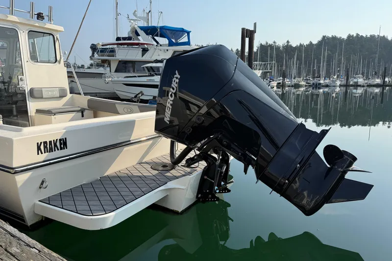 Slide: The Image of 2024 Defiance Admiral 220 EX boat with Mercury outboard motor at marina. - 9