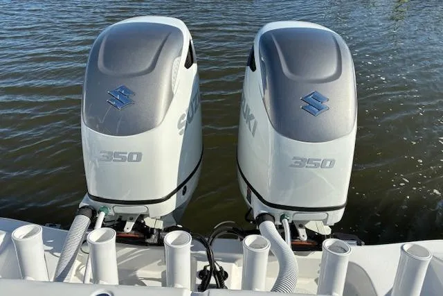 Slide: The Image of Twin Suzuki 350 outboard engines on a 2024 Cape Horn 34 XS boat. - 16
