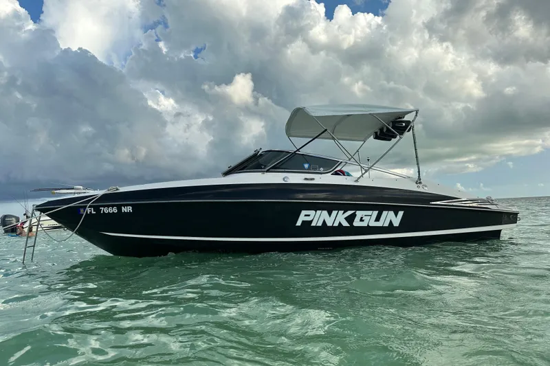 Slide: The Image of 2008 Regal 2520 FasDeck boat named "Pink Gun" on water under cloudy sky. - 11