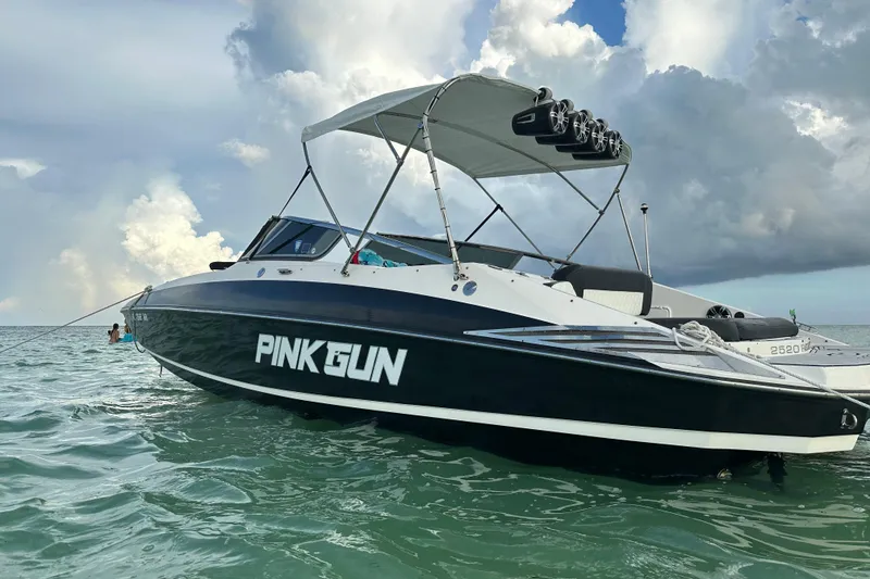 Slide: The Image of 2008 Regal 2520 FasDeck boat named "Pink Gun" anchored in calm waters. - 12